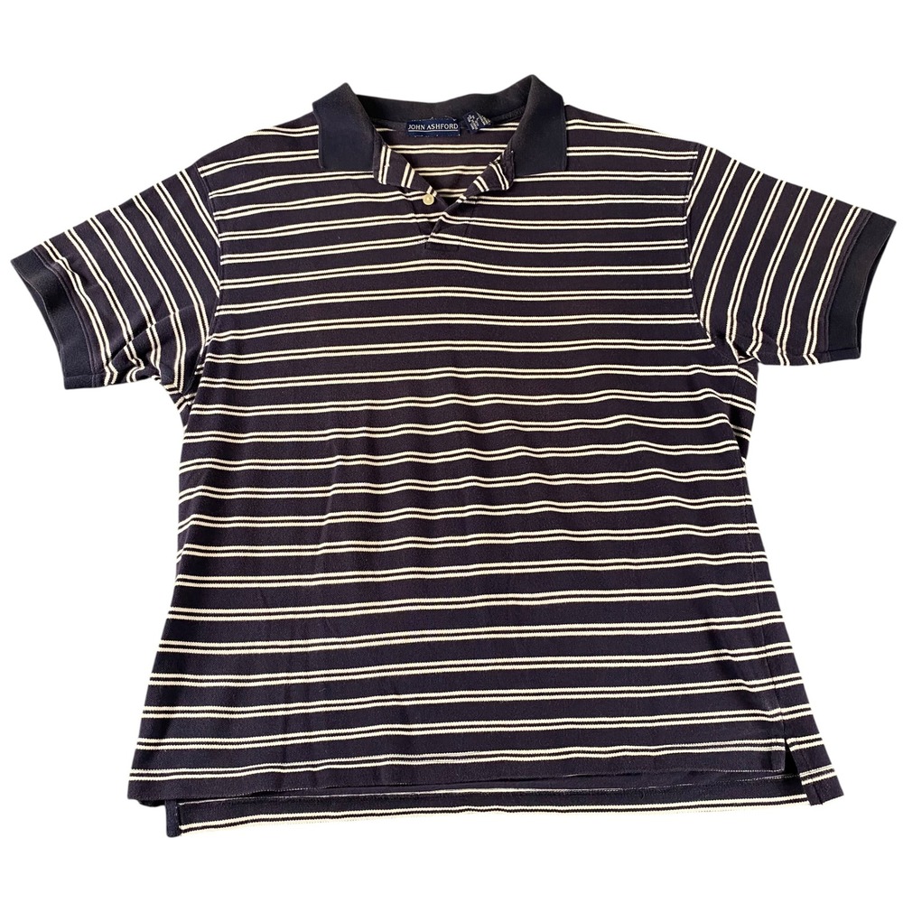 John Ashford Mens Navy Blue White Striped Short Sleeve Cotton Polo Shirt Large